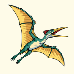 Detailed retro illustration of a flying Pteranodon dinosaur with open wings and sharp beak © harrisaputra