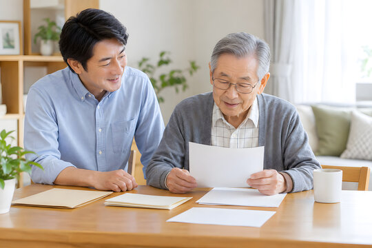 Young man helping an older man review papers at home