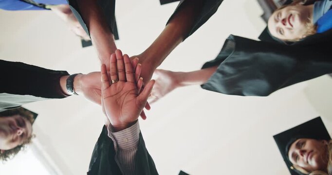 Friends, students and hand stack for graduation ceremony, degree completion or shared achievement