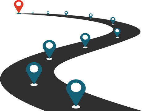 Winding road roadmap infographic with colorful location pin pointers and milestone markers.