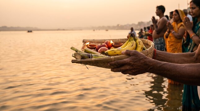 Hands hold basket with fruit and lit diyas during chhat puja by river.