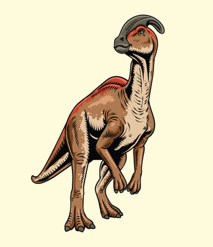 Detailed retro illustration of a Parasaurolophus duck-billed dinosaur with a long head crest