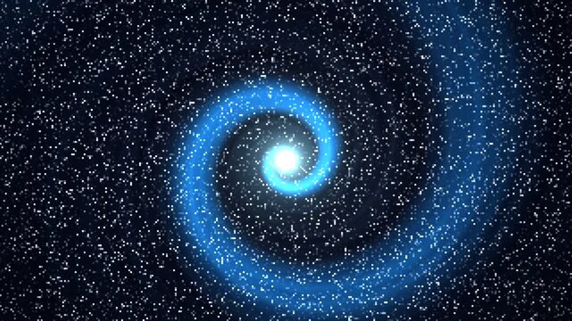 Glowing blue particle spiral vortex rotates against a dark starry space background.