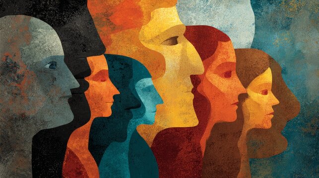 Abstract illustration of diverse personalities, human behavior, individuality, unique character traits, emotions, feelings, self expression, different perspectives, identity, inclusion, and human conn
