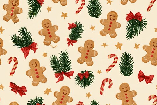 Seamless minimal Christmas pattern with tiny gingerbread men, stars, candy canes and red bows on warm ivory, hand drawn in caramel and pine green hues, festive wrapping paper background