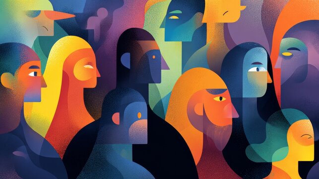 Abstract illustration of diverse personalities, human behavior, individuality, unique character traits, emotions, feelings, self expression, different perspectives, identity, inclusion, and human conn
