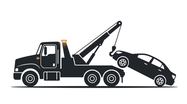 Heavy duty tow truck lifting broken vehicle with mechanical crane in flat vector illustration