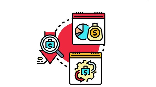 Financial managers using a calendar, pie chart, magnifying glass, and gear icons for monthly accrual calculation, cost analysis, and earnings optimization in business