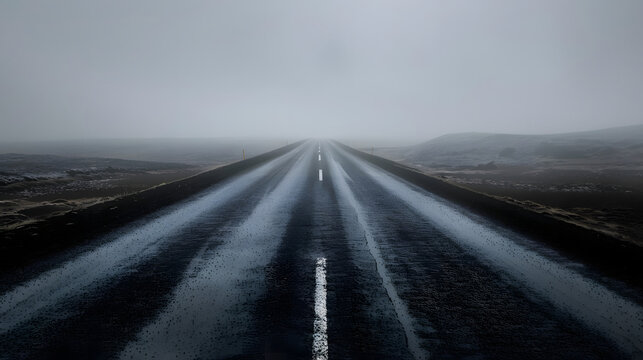 Empty wet road extending into foggy horizon under overcast sky with straight ahead disappearing disappearing dense fog stretches straight unpopulated atmospheric fadinglight