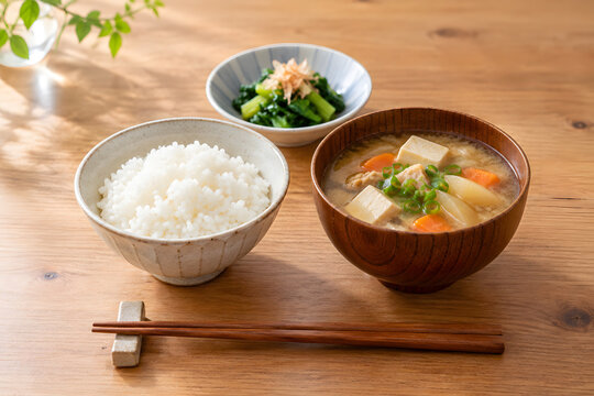 Japanese meal with rice miso soup tofu and vegetable side dish