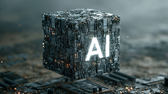Futuristic electronic circuit cube with glowing ai text floating above computer motherboard for advanced tech concepts.