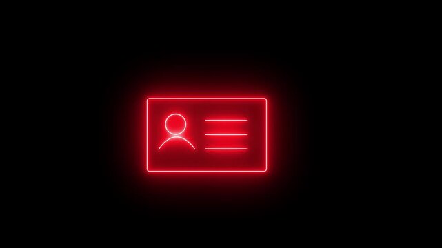 Glowing neon red icon of an identification card displaying a profile avatar and text lines against a black background. Animated digital ID verification pass, user profile card callout.