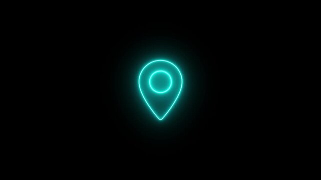 Glowing neon cyan icon of a classic teardrop location pin with a circular core cutout against a black background. Animated GPS waypoint marker, map location tracker, telemetry destination pin.