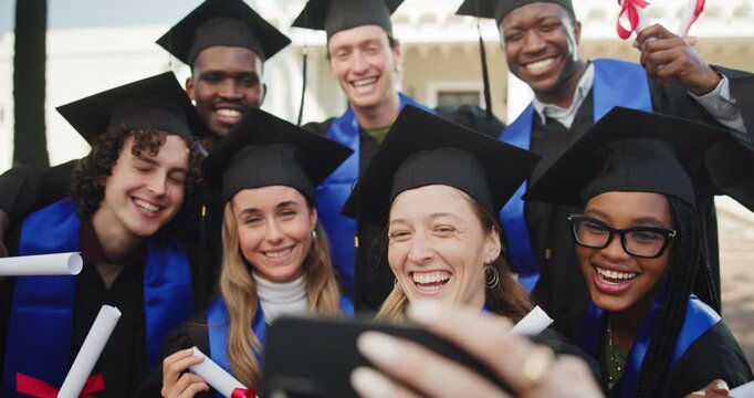 Excited, friends and selfie outdoor for graduation, degree celebration or online post with diploma. People, graduate class and photo with certificate for PHD ceremony memory, social media and happy
