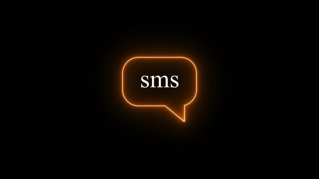 Glowing neon orange icon of a rounded speech bubble labeled with white lowercase text reading "sms" against a black background. Animated incoming text message alert, SMS notification callout.
