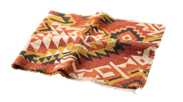 Tribal pattern woven fabric swatch, rustic southwestern aztec cloth napkin, geometric boho textile sample for interior decor and craft design isolated PNG with Transparent Background
