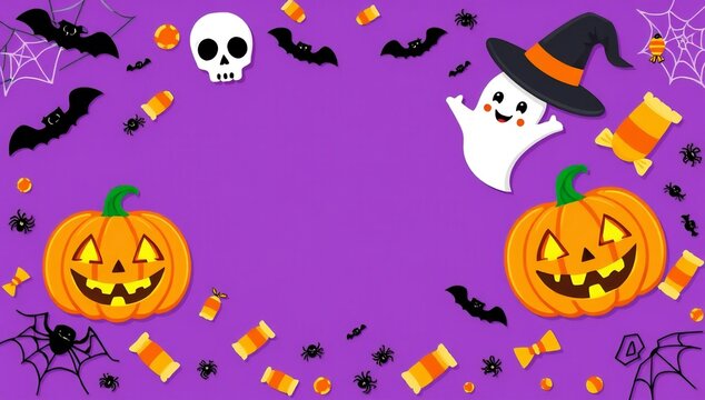 Cute halloween border frame with pumpkins ghost skull bats and candy on a purple background