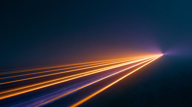 Futuristic orange light streaks in dark void visualizing rapid data transmission speed and digital connection concepts.