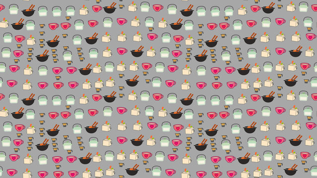 Seamless pattern of food bowls, cups, and boxes