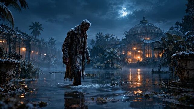 Zombie walking through flooded garden at night with Victorian greenhouse in background