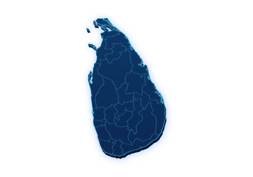 Neon blue pseudo 3D map of Sri Lanka with administrative regions isolated on transparent background