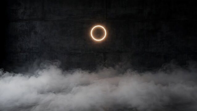 Glowing circular neon ring on dark wall with thick fog and smoke