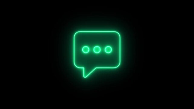 Glowing neon cyan icon of a rounded speech bubble containing three horizontal ellipses dots against a black background. Animated typing indicator, active chat message loading status, incoming respons