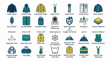 Icons for winter apparel features and outdoor jacket specifications. © Dynamic