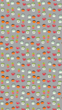 Seamless pattern of pots, cups, and pineapples