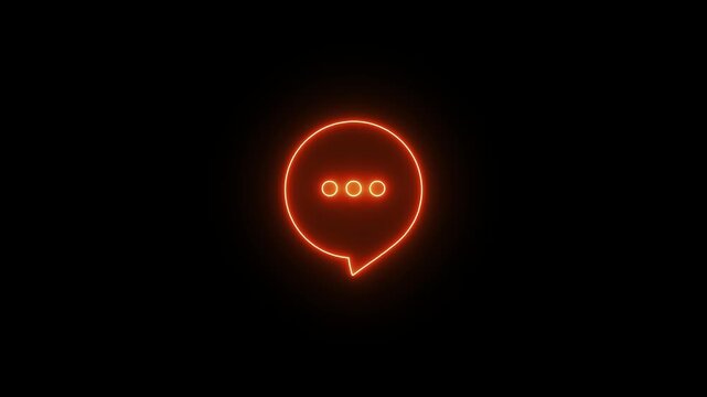 Glowing neon of a rounded speech bubble containing three horizontal ellipses dots against a black background. Animated typing indicator, active chat message loading status, incoming respons