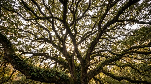 Low angle view of large oak tree canopy with sunlight filtering through leaves