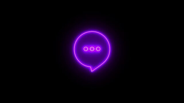 Glowing neon purpleicon of a rounded speech bubble containing three horizontal ellipses dots against a black background. Animated typing indicator, active chat message loading status, incoming respons
