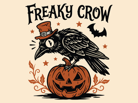 Vintage Halloween freaky crow vector illustration, retro black raven wearing hat on pumpkin, spooky jack o lantern graphic art