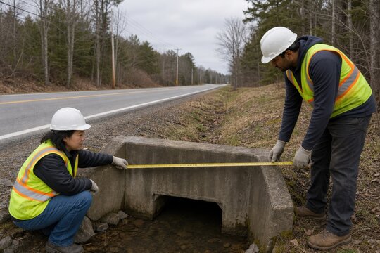 Road culvert inspection technicians measuring a concrete headwall with a tape