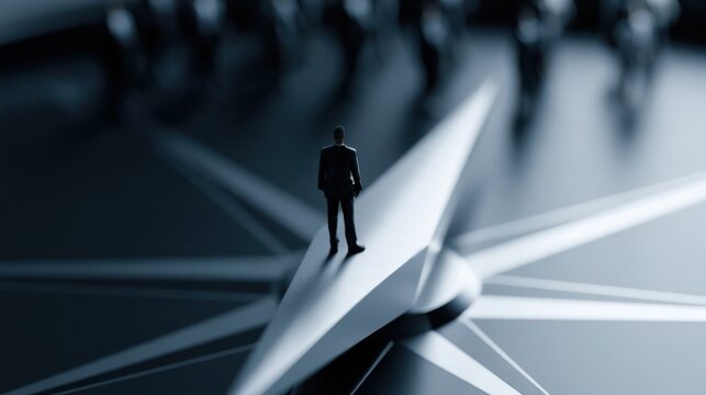 A solitary man in a suit stands atop a large compass, symbolizing direction and decision-making. The background is blurred, focusing attention on the individual and the navigational tool.