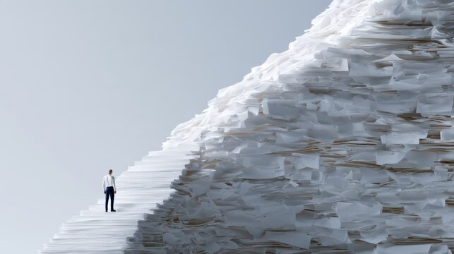 A businessman climbs a white pyramid, symbolizing challenges and ambition