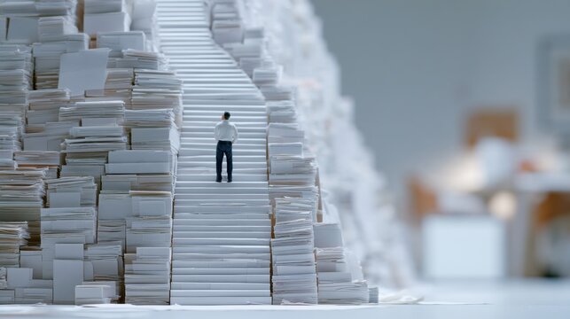A tiny figure climbing a steep staircase made of paper stacks, representing the arduous journey of overcoming challenges in an overwhelming workload