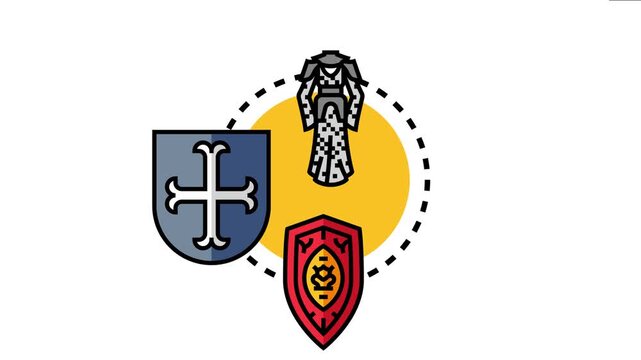 Illustration depicting medieval armor with two heraldic shields, one displaying a cross and the other a stylized emblem, symbolizing concepts of protection, knighthood, history, and noble lineage