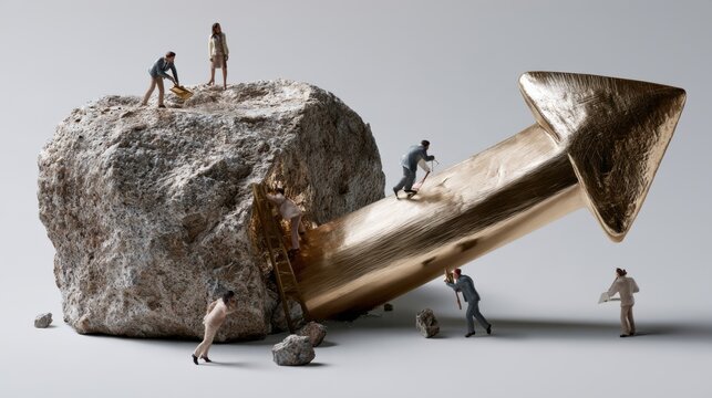Tiny people working together to push a golden arrow over a large rock. This symbolizes overcoming challenges and achieving business growth.