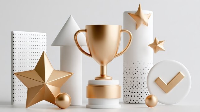 A golden trophy and golden stars displayed amidst geometric shapes and abstract elements