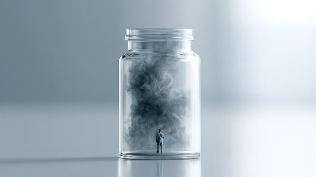 A tiny person standing inside a glass jar filled with dark smoke, symbolizing isolation and feeling trapped