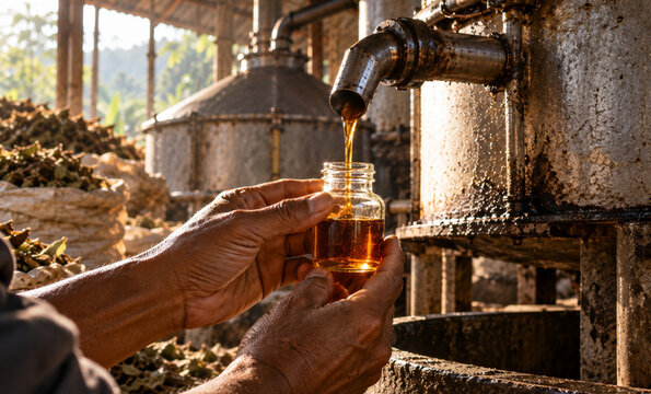 Collecting Fresh Patchouli Oil at Rural Aceh Distillery