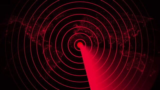 Glowing red radar screen featuring a rotating 360-degree sweep beam over concentric target rings and a dotted digital world map background. Animated global sonar tracker, military satellite .