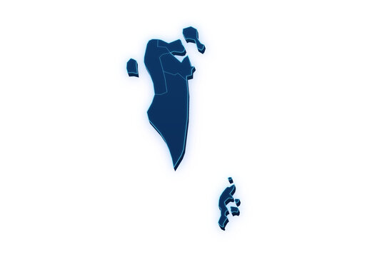 Neon blue pseudo 3D map of Bahrain with administrative regions isolated on transparent background