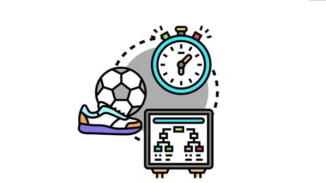 Sport equipment, including a soccer ball, boot, stopwatch, and tournament bracket on a screen, illustrates game strategy, performance tracking, and event management