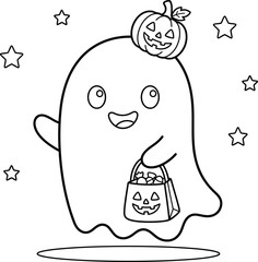 Obraz premium Halloween Cute cartoon ghost holding a candy bag with jack-o'-lantern head, perfect for festive greeting cards or