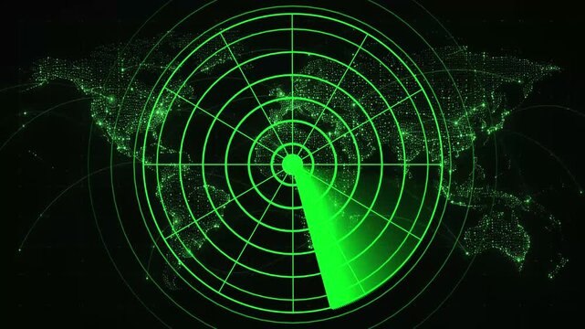 Glowing green radar screen featuring a rotating 360-degree sweep beam over concentric target rings and a dotted digital world map background. Animated global sonar tracker, military satellite .