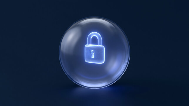 Glowing padlock icon inside transparent glass orb on dark blue background for secure digital data protection concept.