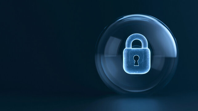 Glowing padlock icon inside transparent glass sphere floating against dark blue background for cybersecurity services.