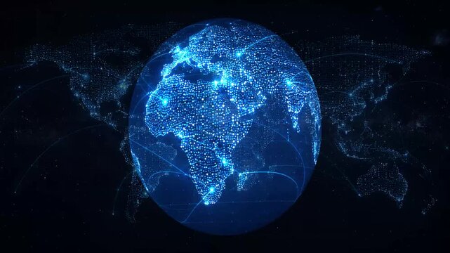 Digital 3D wireframe render of a rotating planet Earth illuminated with vibrant multicolor neon node clusters interconnected by glowing arc communication routes, against a dark space background .